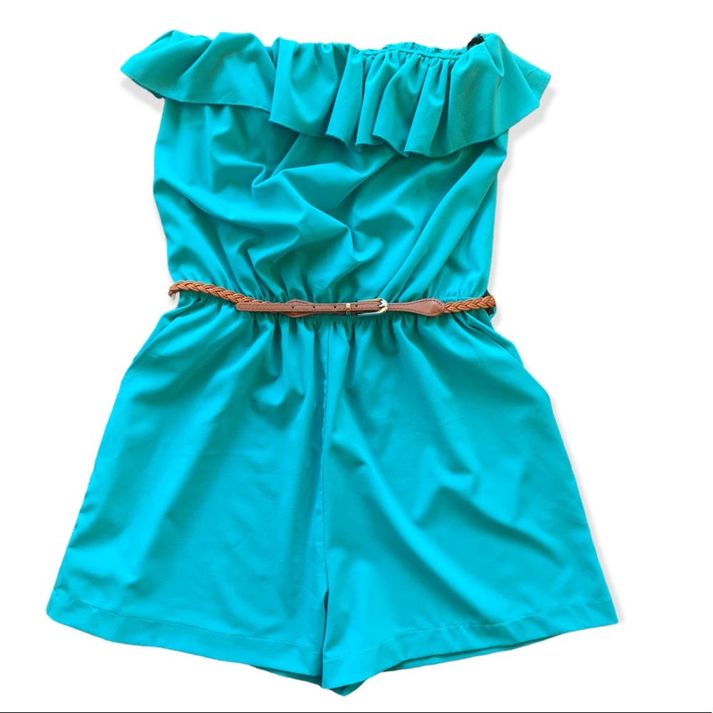 Papaya | Sleeveless Ruffle Top Turquoise Romper sz M